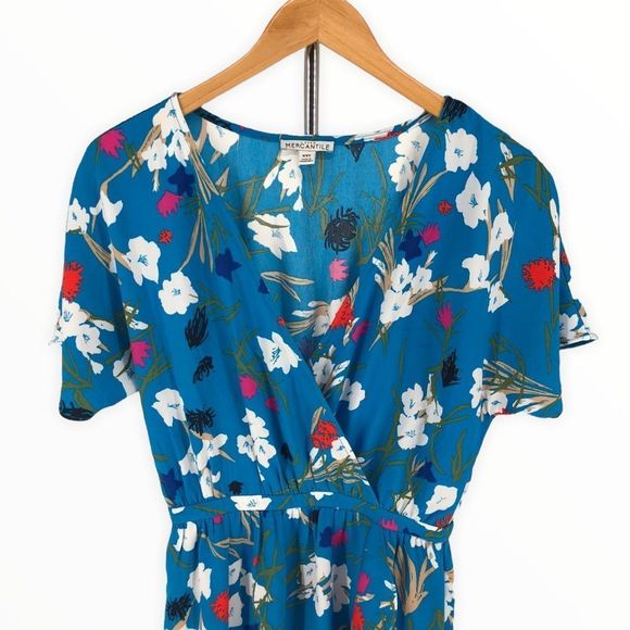 J Crew Mercantile Blue Floral Short Ruffle Sleeve. Faux Wrap Surplice Midi Dress - Picture 4 of 11